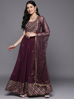 Ahalyaa - Wine Embroidered Regular Blouse with Lehenga and Dupatta