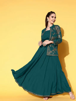 Ahalyaa - Green Printed Regular Blouse with Jacket and Skirt