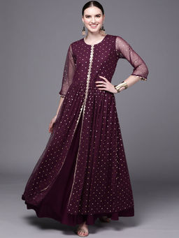 Ahalyaa - Wine Printed A-Line Dress