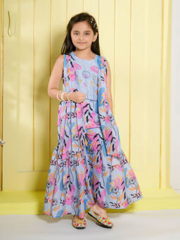Mini Stitch - Blue Printed Blouse with Attached Dupatta and Palazzo