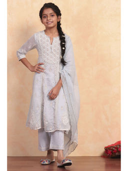 Biba - Girl's Powder Blue Silk Chander Kurta with Palazzo and Dupatta Set