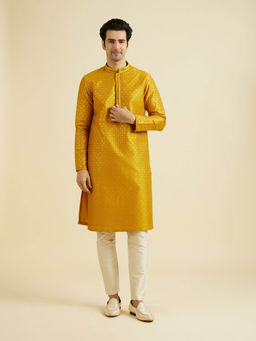 Manyavar - Mustard Art Silk Kurta with Pyjama (Set of 2)