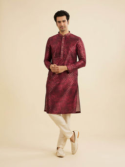 Manyavar - Maroon Art Silk Kurta with Pyjama (Set of 2)