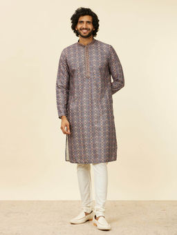 Manyavar - Dark Blue Blended Viscose Kurta with Pyjama (Set of 2)