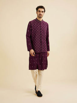 Manyavar - Purple Art Silk Kurta with Jacket & Pyjama (Set of 3)