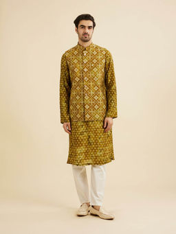 Manyavar - Mehndi Green Blended Viscose Kurta with Jacket & Pyjama (Set of 3)