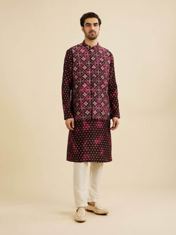 Manyavar - Wine Blended Viscose Kurta with Jacket & Pyjama (Set of 3)