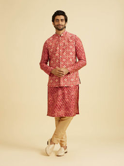 Manyavar - Coral Blended Viscose Kurta with Jacket & Pyjama (Set of 3)