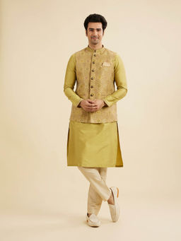 Manyavar - Mehndi Green Brocade Kurta with Jacket & Pyjama (Set of 3)