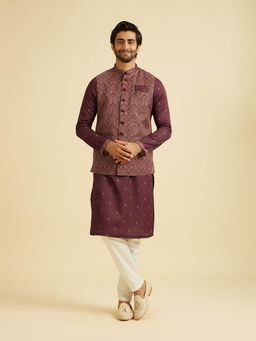 Manyavar - Wine Satin Kurta with Jacket & Pyjama (Set of 3)