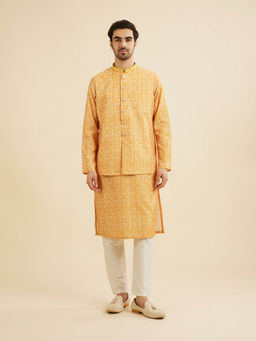 Manyavar - Mustard Art Silk Kurta with Jacket & Pyjama (Set of 3)