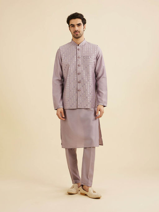 Manyavar Lilac Purple Art Silk Kurta with Jacket & Pant (Set of 3)
