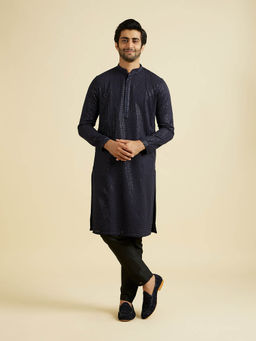 Manyavar - Navy Blue Georgette Kurta with Pyjama (Set of 2)