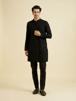 Manyavar - Black Viscose Kurta with Pant (Set of 2)