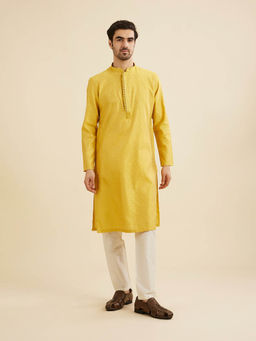 Manyavar - Mustard Art Silk Kurta with Pyjama (Set of 2)