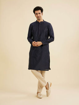Manyavar - Navy Blue Chanderi Kurta with Pyjama (Set of 2)