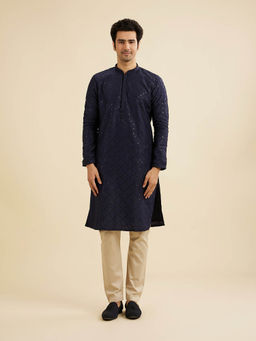 Manyavar - Dark Blue Art Silk Kurta with Pyjama (Set of 2)