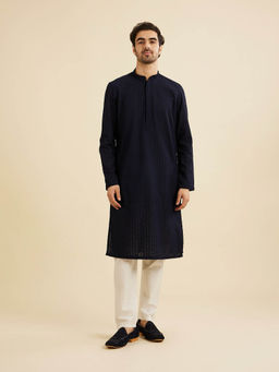 Manyavar - Navy Blue Blended Cotton Kurta with Pyjama (Set of 2)