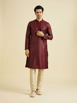 Manyavar - Maroon Art Silk Kurta with Pyjama (Set of 2)