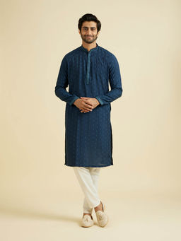 Manyavar - Dark Blue Blended Viscose Kurta with Pyjama (Set of 2)