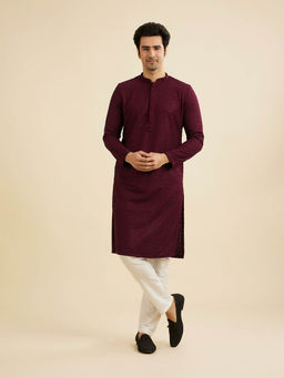 Manyavar - Wine Blended Cotton Kurta with Pyjama (Set of 2)
