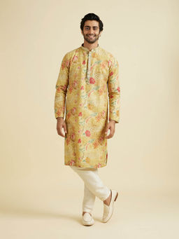 Manyavar - Mustard Art Silk Kurta with Pyjama (Set of 2)