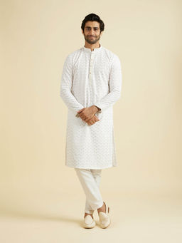 Manyavar - White Blended Cotton Kurta with Pyjama (Set of 2)