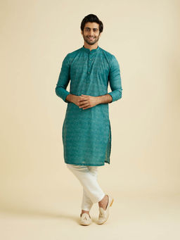 Manyavar - Teal Green Blended Cotton Kurta with Pyjama (Set of 2)