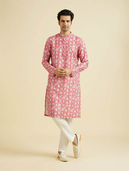 Manyavar - Red Blended Cotton Kurta with Pyjama (Set of 2)