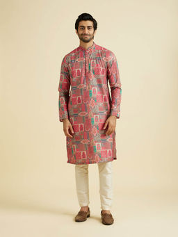 Manyavar - Coral Blended Cotton Kurta with Pyjama (Set of 2)