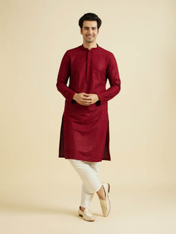 Manyavar - Maroon Blended Cotton Kurta with Pyjama (Set of 2)