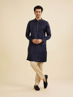 Manyavar - Dark Blue Satin Kurta with Pyjama (Set of 2)