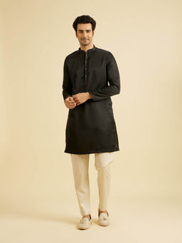 Manyavar - Black Satin Kurta with Pyjama (Set of 2)