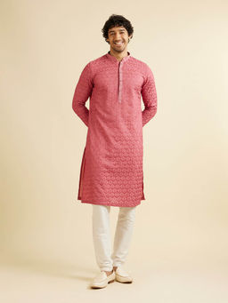 Manyavar - Coral Art Silk Kurta with Pyjama (Set of 2)