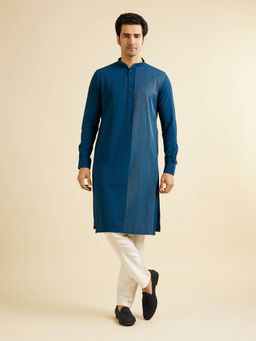 Manyavar - Teal Blue Blended Rayon Kurta with Pyjama (Set of 2)