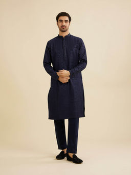 Manyavar - Dark Blue Art Silk Kurta with Pyjama (Set of 2)