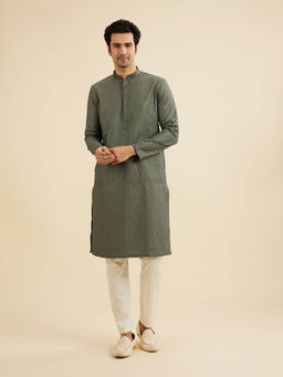 Manyavar - Olive Art Silk Kurta with Pyjama (Set of 2)