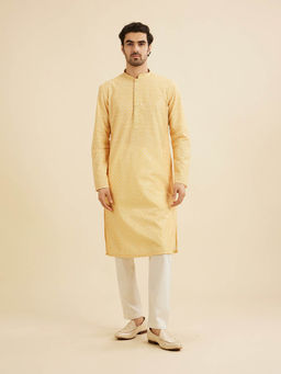 Manyavar - Yellow Blended Cotton Kurta with Pyjama (Set of 2)