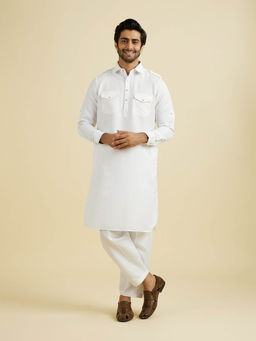 Manyavar - White Blended Rayon Pathani Kurta with Churidar (Set of 2)