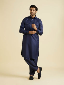 Manyavar - Navy Blue Blended Rayon Pathani Kurta with Churidar (Set of 2)