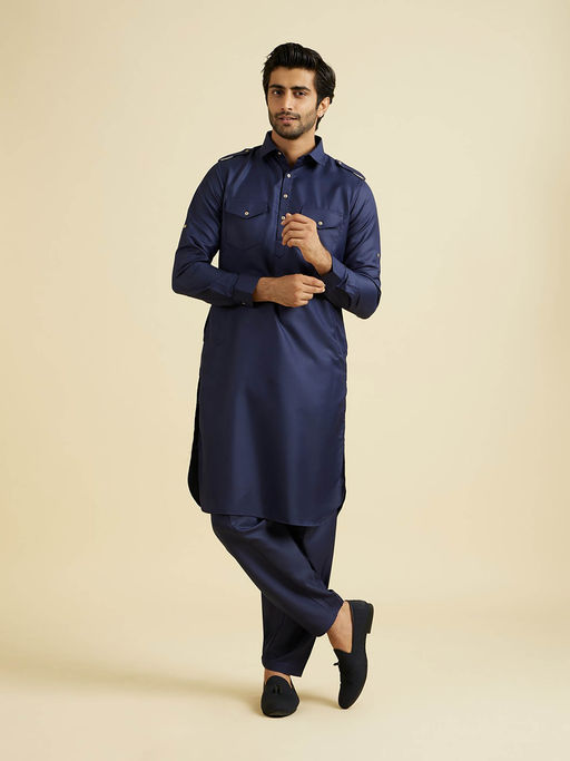 Manyavar Navy Blue Blended Rayon Pathani Kurta with Churidar (Set of 2)