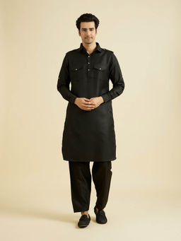 Manyavar - Black Blended Rayon Pathani Kurta with Churidar (Set of 2)
