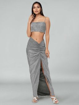EMBLAZE - Metallic Silver Knit Skirt with Crop Top