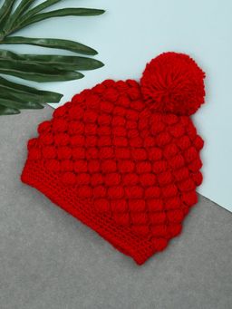 FUNKRAFTS - Girls Bubble Pattern Handmade Knitted Woolen Beanie Cap - Red