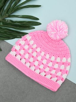 FUNKRAFTS - Kids Checks Pattern Handmade Knitted Woolen Beanie Cap - Pink & White