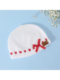 FUNKRAFTS - Girls Handmade Knitted Woolen Beanie Cap - White & Red
