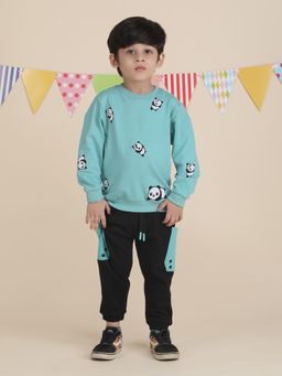 Polka Tots - Kids Cotton Full Sleeves Panda Print Co-ord - Turquoise (Set of 2)
