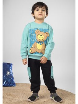 Polka Tots - Kids Cotton Full Sleeve Bear Print Co-ord - Sea Green (Set of 2)