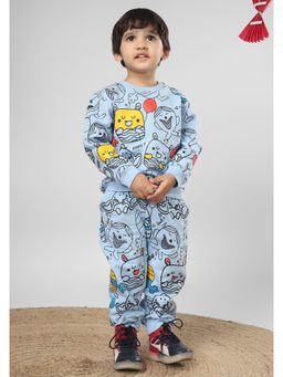 Polka Tots - Kids Cotton Full Sleeve Monster Print Co-ord - Blue (Set of 2)