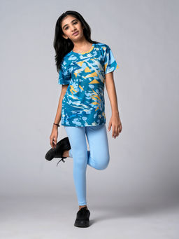 UMILDO - Girls Active Sports Wear Printed T-Shirt & Leggings Blue (Set of 2)